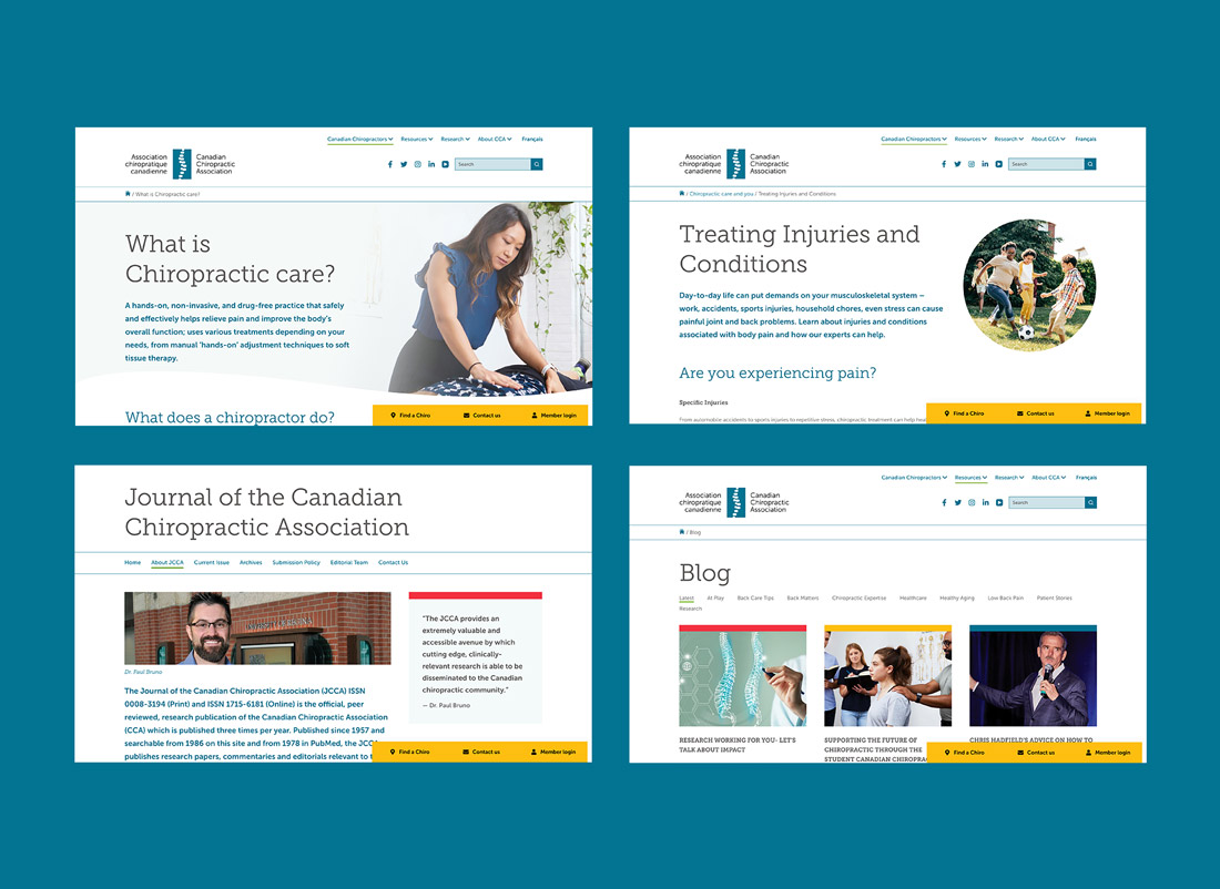collage of four webpages including What is Chiropractic Care, Treating injuries and Conditions, Journal of the CCA, and the Blog.