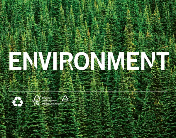 Environment page from brochure featuring an evergreen forest