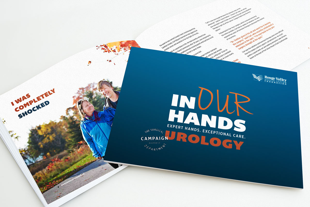 Case for support book cover and open spread featuring two people walking outside in autumn