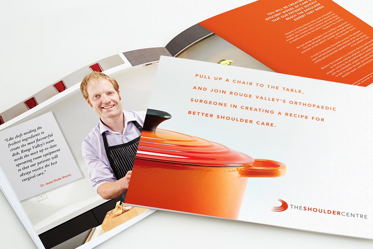 Case for support book cover and spread featuring smiling surgeon in the kitchen