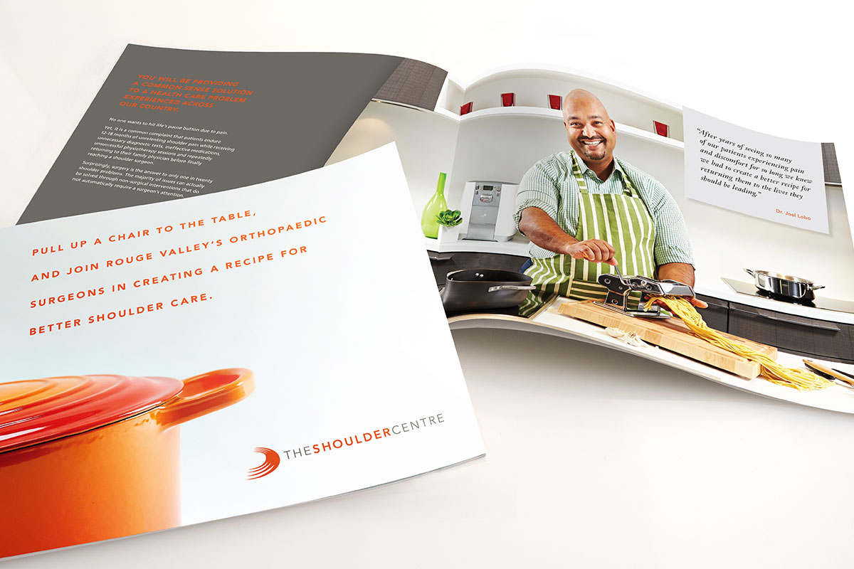 Case for support book cover and spread featuring smiling surgeon making fresh pasta in the kitchen