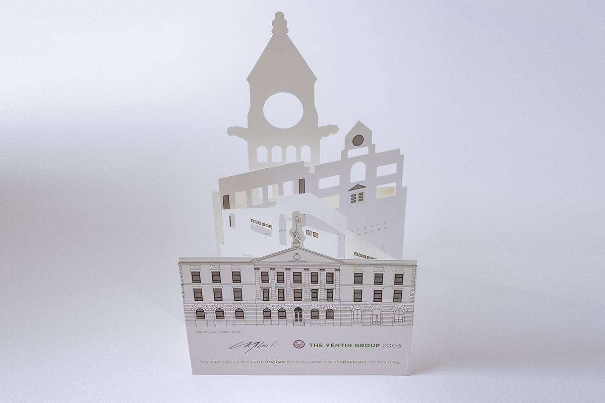 The Ventin Group's detailed popup holiday card and 2005 calendar featuring the Brockville Courthouse