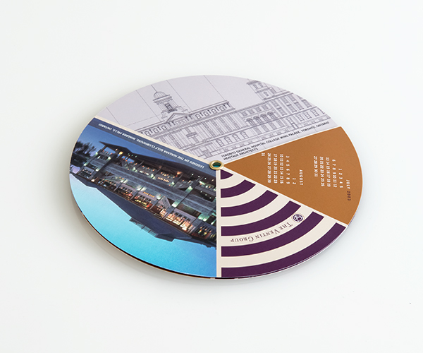The Ventin Group holiday greeting and calendar in a rotating disk format featuring various architecture projects