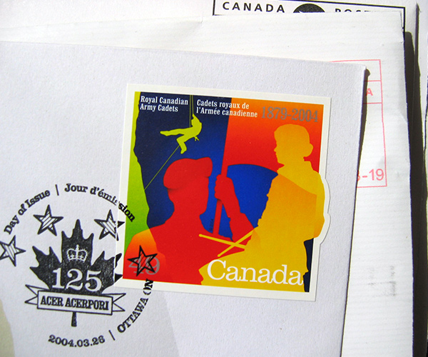 Stack of envelopes with Royal Canadian Army Cadets stamp on top