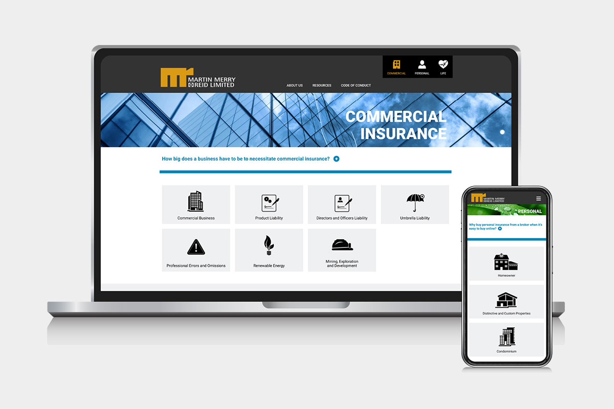 Mockup of Commercial Insurance page on desktop of Personal Insurance page on mobile